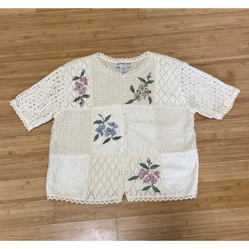 Bedford Fair Boho Lace Crochet Top Womens M Ivory Embroidered Prairie Blouse